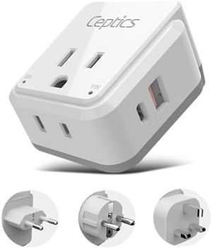 Ceptics European Plug Travel Adapter Set, 20W PD & QC, Safe Dual USB & USB-C – 2 USA Socket – Compact – Use in Germany, France, Italy, UK – Includes Type E/F, Type C, Type G SWadAPt Attachments
