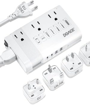 DOACE 220V to 110V Converter for European Travel – 350W Voltage Converter US to Europe with 4 QC+PD Chargers for Using U.S. Devices Abroad – Hair Straightener Shaver Toothbrush Laptop Camera Phone